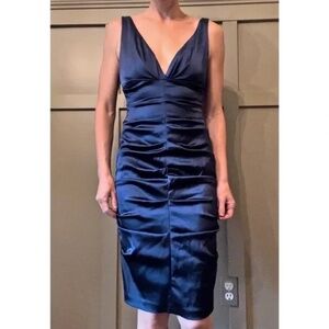 Xscape Ruched Satin Plunging V-Neck Bodycon Cocktail Dress in Navy Size 6